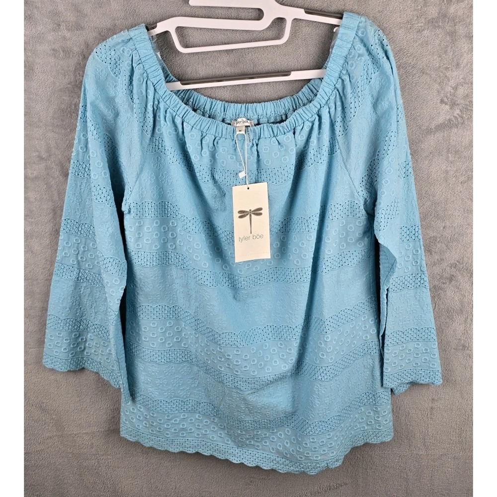 Tyler Boe Capri Blue Eyelet Off Shoulder Cotton Blouse 32301V NWT Womens Medium